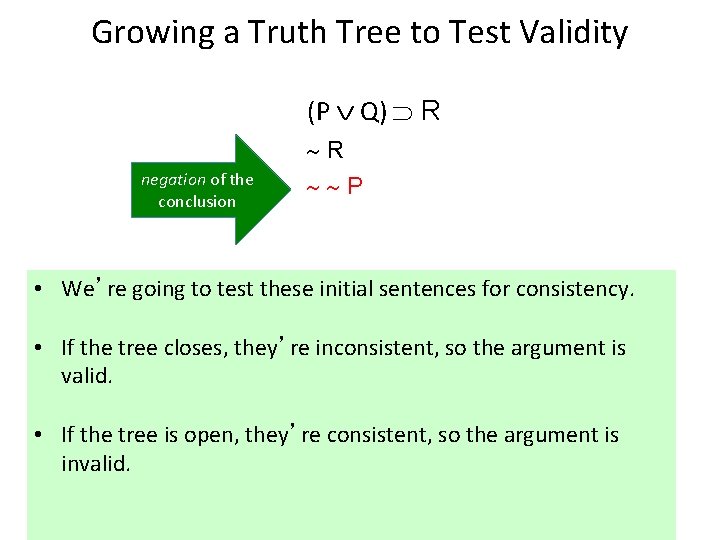 Growing a Truth Tree to Test Validity (P Q) R R negation of the