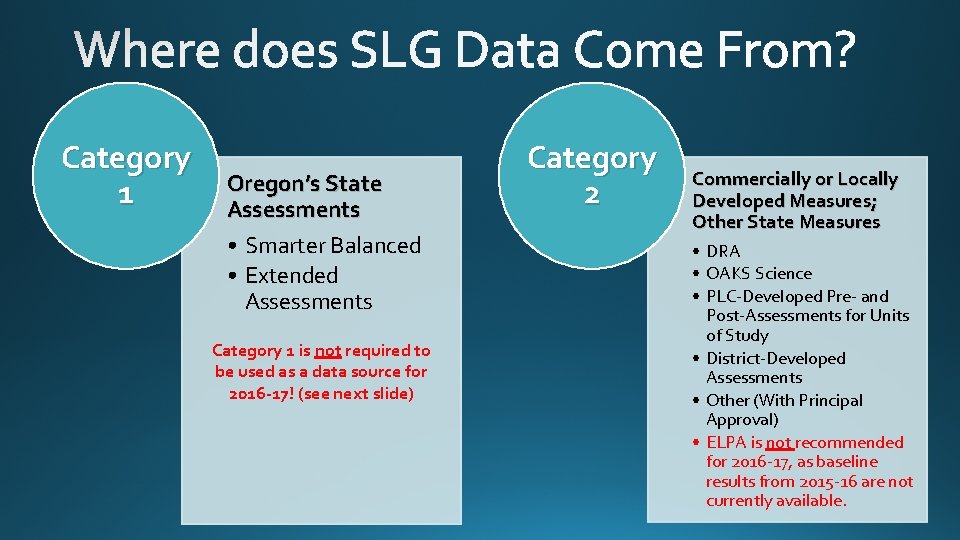 Category 1 Oregon’s State Assessments • Smarter Balanced • Extended Assessments Category 1 is