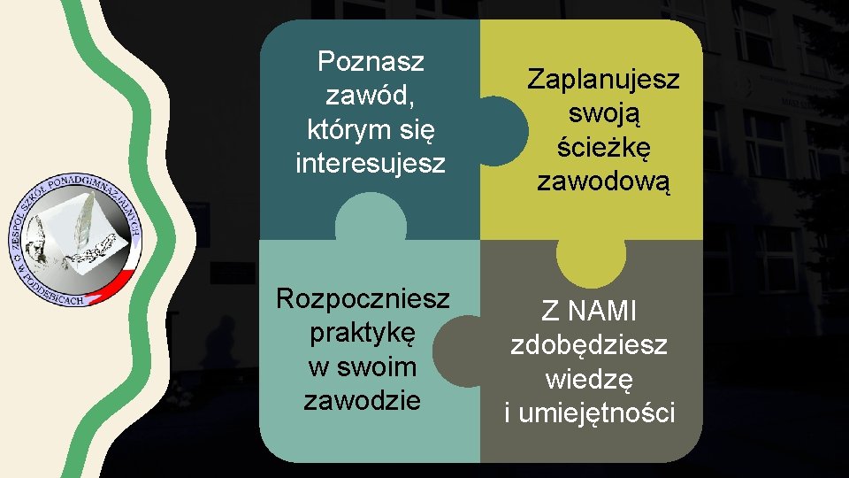 Poznasz zawód, którym się interesujesz Rozpoczniesz praktykę w swoim zawodzie Zaplanujesz swoją ścieżkę zawodową