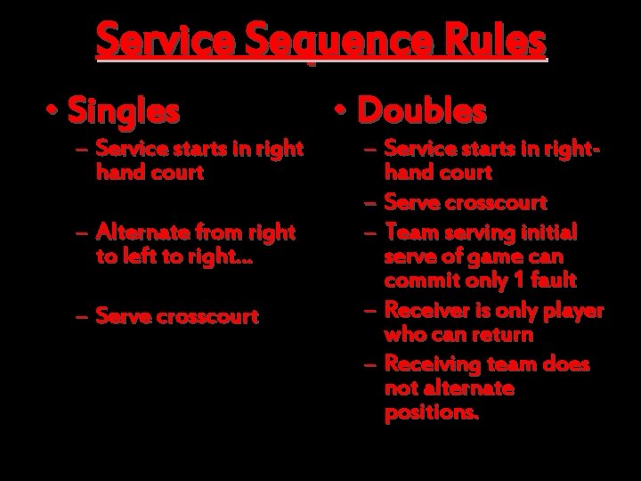 Service Sequence Rules • Singles – Service starts in right hand court – Alternate