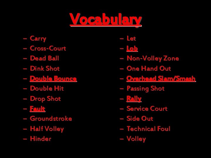 Vocabulary – – – Carry Cross-Court Dead Ball Dink Shot Double Bounce Double Hit