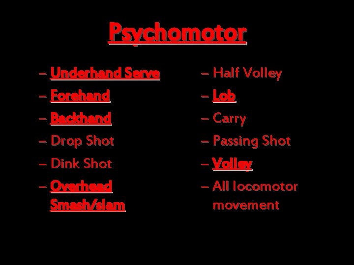 Psychomotor – Underhand Serve – Forehand – Backhand – Drop Shot – Dink Shot