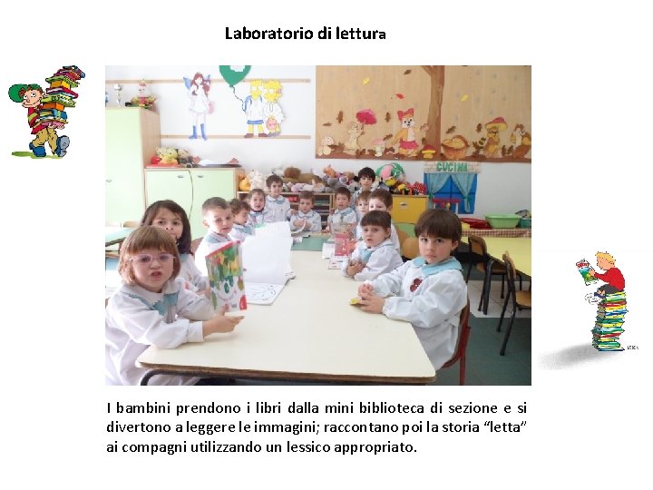 Laboratorio di lettura I bambini prendono i libri dalla mini biblioteca di sezione e