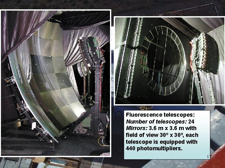 Fluorescence telescopes: Number of telescopes: 24 Mirrors: 3. 6 m x 3. 6 m