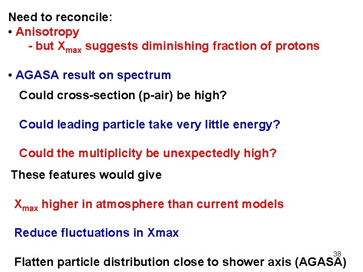 Need to reconcile: • Anisotropy - but Xmax suggests diminishing fraction of protons •