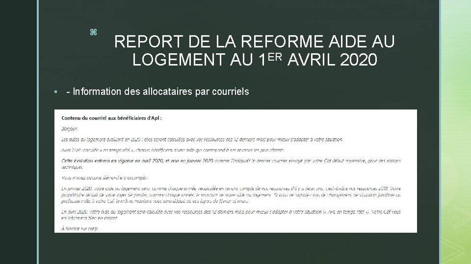 z § REPORT DE LA REFORME AIDE AU LOGEMENT AU 1 ER AVRIL 2020