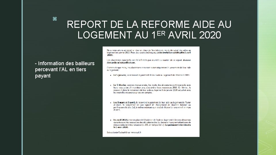 z REPORT DE LA REFORME AIDE AU LOGEMENT AU 1 ER AVRIL 2020 -