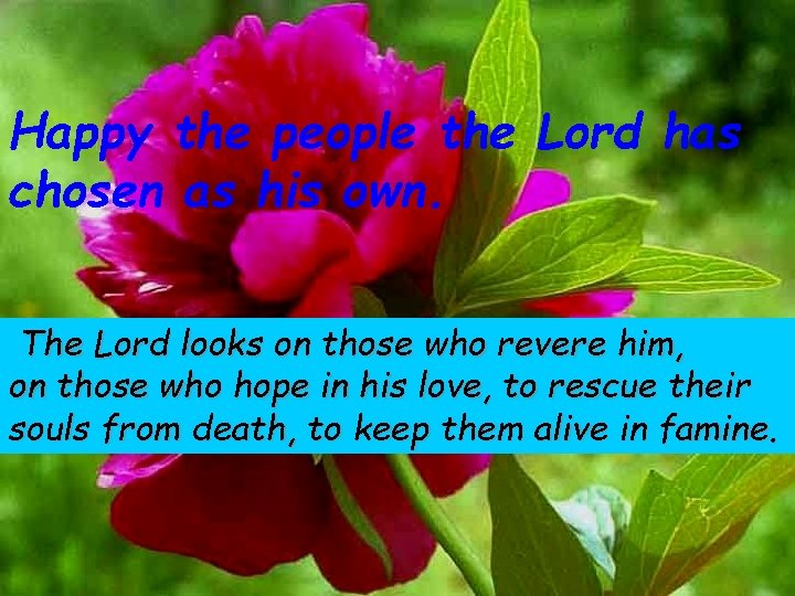 Happy the people the Lord has chosen as his own. The Lord looks on