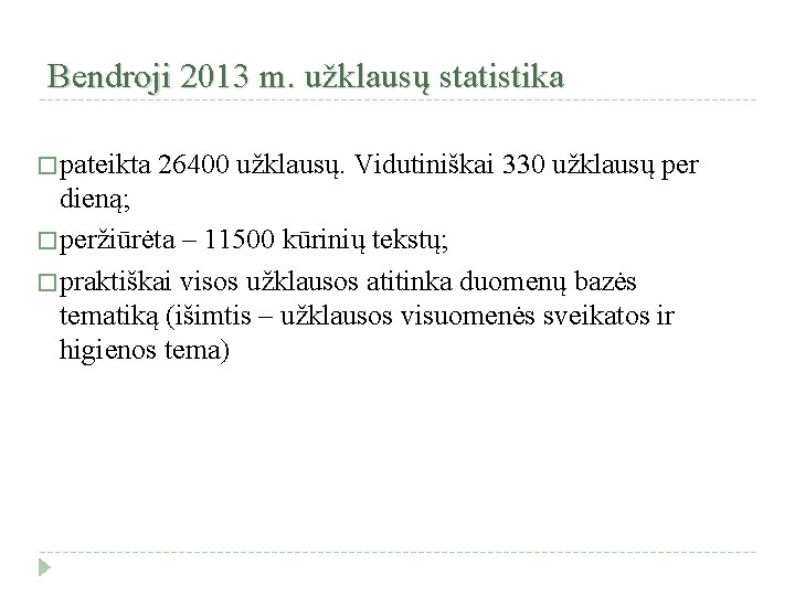 Bendroji 2013 m. užklausų statistika � pateikta 26400 užklausų. Vidutiniškai 330 užklausų per dieną;