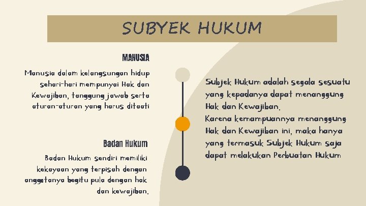 SUBYEK HUKUM MANUSIA Manusia dalam kelangsungan hidup sehari-hari mempunyai Hak dan Kewajiban, tanggung jawab