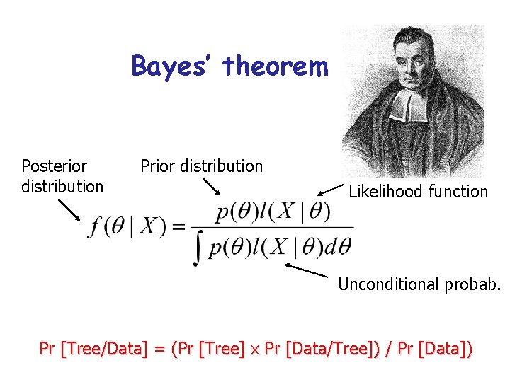 Bayes’ theorem Posterior distribution Prior distribution Likelihood function Unconditional probab. Pr [Tree/Data] = (Pr