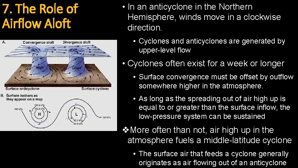 7. The Role of Airflow Aloft • In an anticyclone in the Northern Hemisphere,