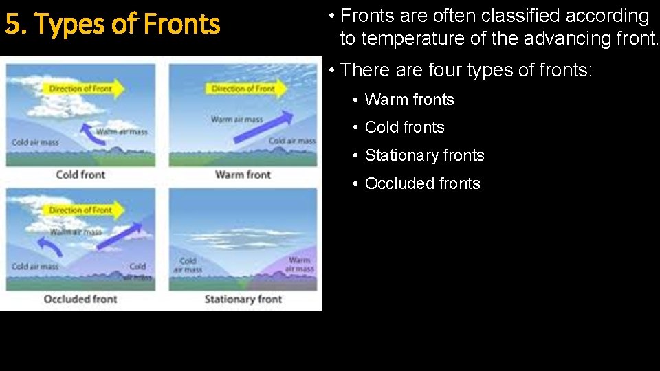 5. Types of Fronts • Fronts are often classified according to temperature of the