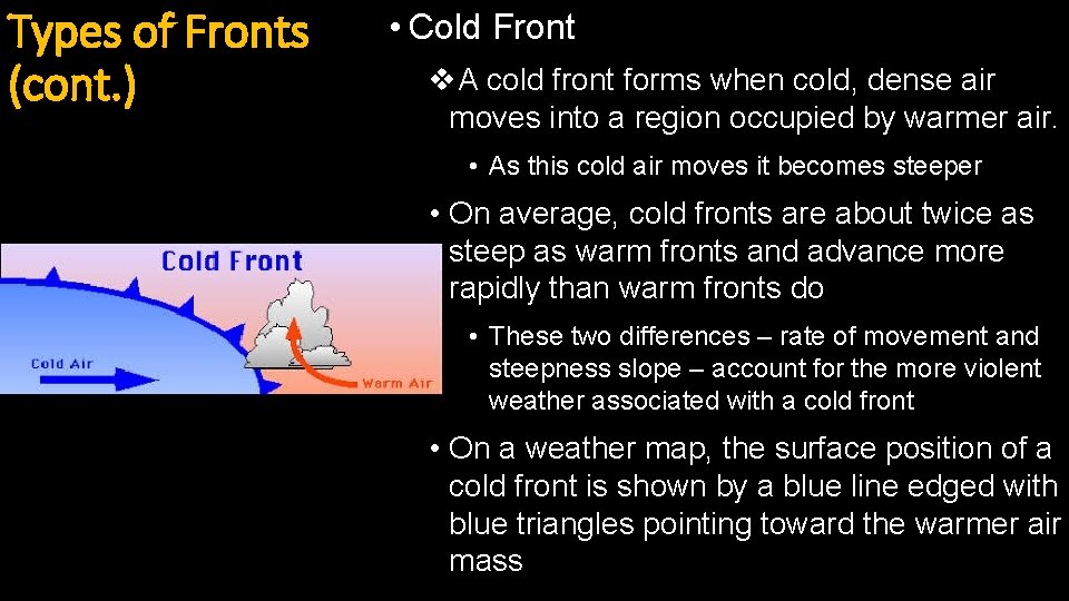 Types of Fronts (cont. ) • Cold Front v. A cold front forms when