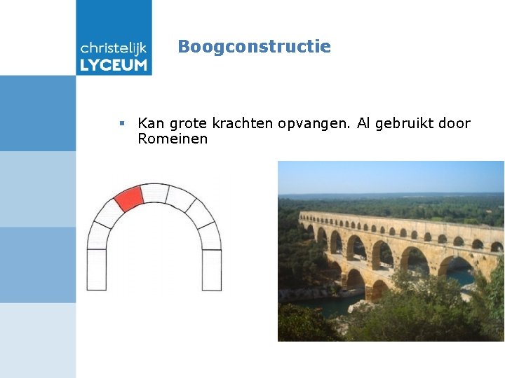 Boogconstructie § Kan grote krachten opvangen. Al gebruikt door Romeinen 