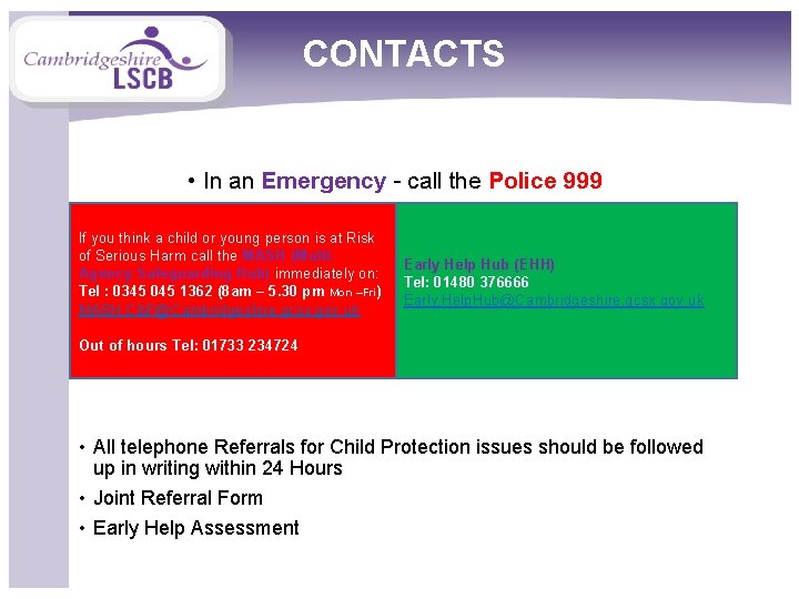CONTACTS • In an Emergency - call the Police 999 If you think a