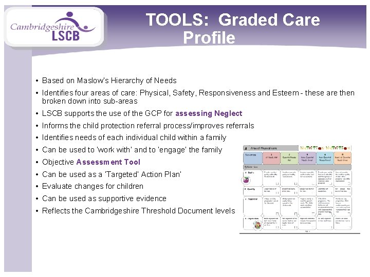 TOOLS: Graded Care Profile • Based on Maslow’s Hierarchy of Needs • Identifies four
