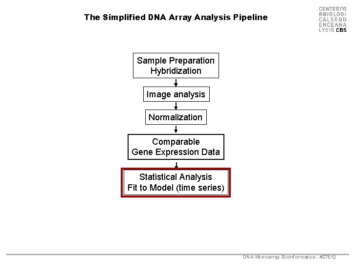 The Simplified DNA Array Analysis Pipeline Sample Preparation Hybridization Image analysis Normalization Comparable Gene
