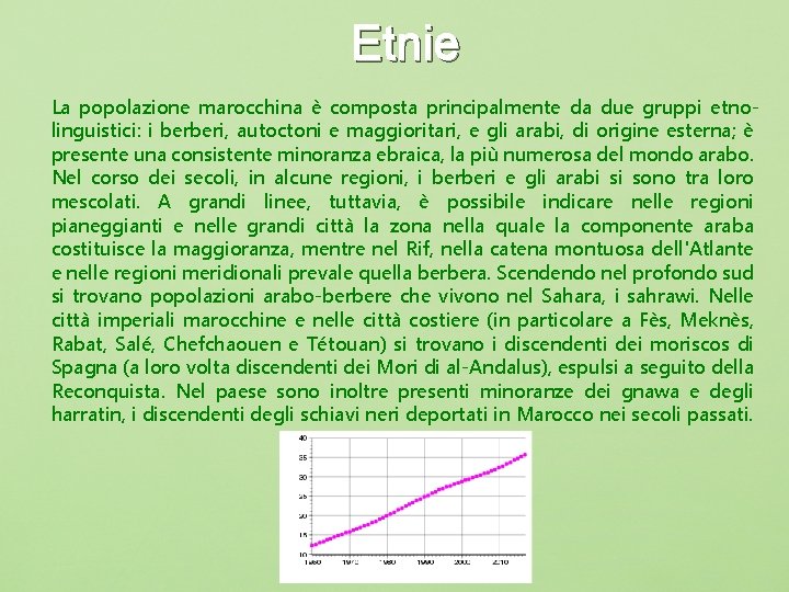Etnie La popolazione marocchina è composta principalmente da due gruppi etnolinguistici: i berberi, autoctoni