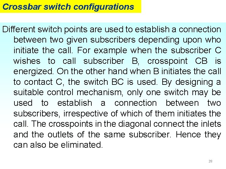 Crossbar switch configurations Different switch points are used to establish a connection between two