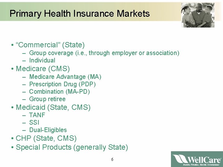 Primary Health Insurance Markets • “Commercial” (State) – Group coverage (i. e. , through