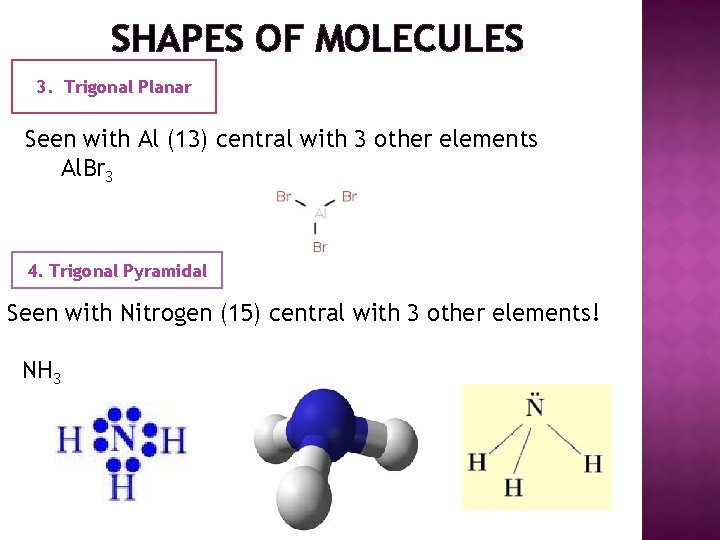 SHAPES OF MOLECULES 3. Trigonal Planar Seen with Al (13) central with 3 other