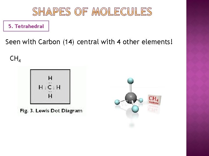 5. Tetrahedral Seen with Carbon (14) central with 4 other elements! CH 4 