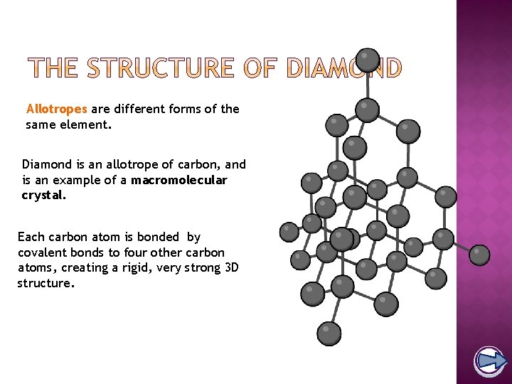 Allotropes are different forms of the same element. Diamond is an allotrope of carbon,