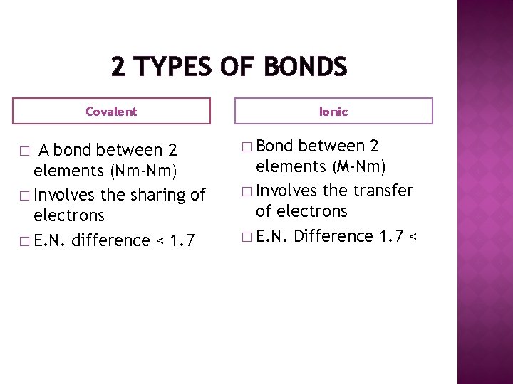 2 TYPES OF BONDS Covalent A bond between 2 elements (Nm-Nm) � Involves the
