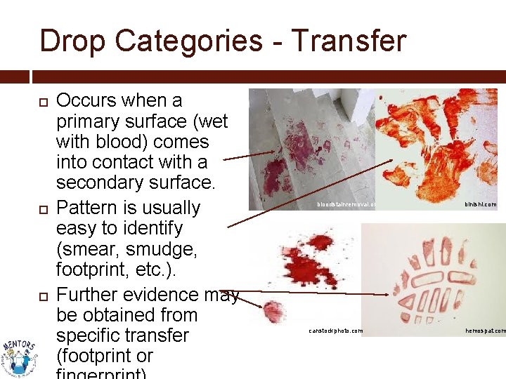 Drop Categories - Transfer Occurs when a primary surface (wet with blood) comes into