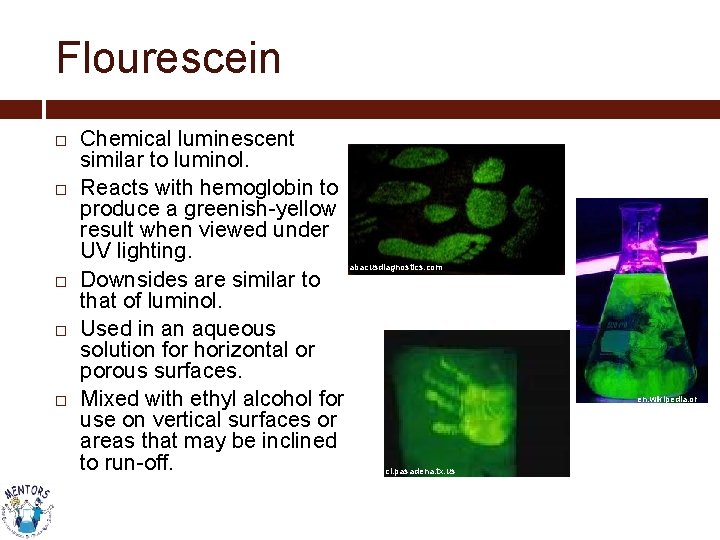 Flourescein Chemical luminescent similar to luminol. Reacts with hemoglobin to produce a greenish-yellow result