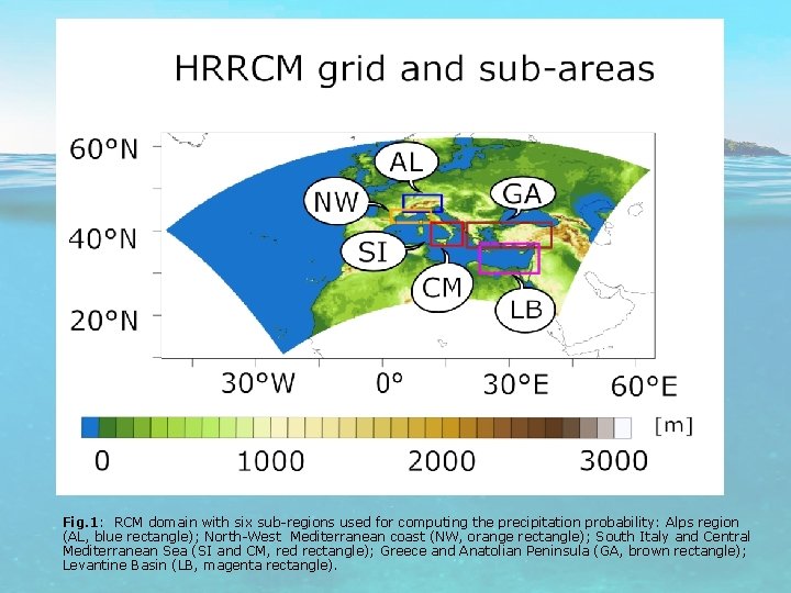 Fig. 1: RCM domain with six sub-regions used for computing the precipitation probability: Alps