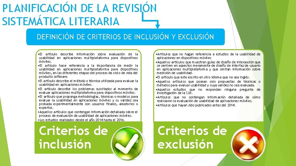 PLANIFICACIÓN DE LA REVISIÓN SISTEMÁTICA LITERARIA DEFINICIÓN DE CRITERIOS DE INCLUSIÓN Y EXCLUSIÓN •