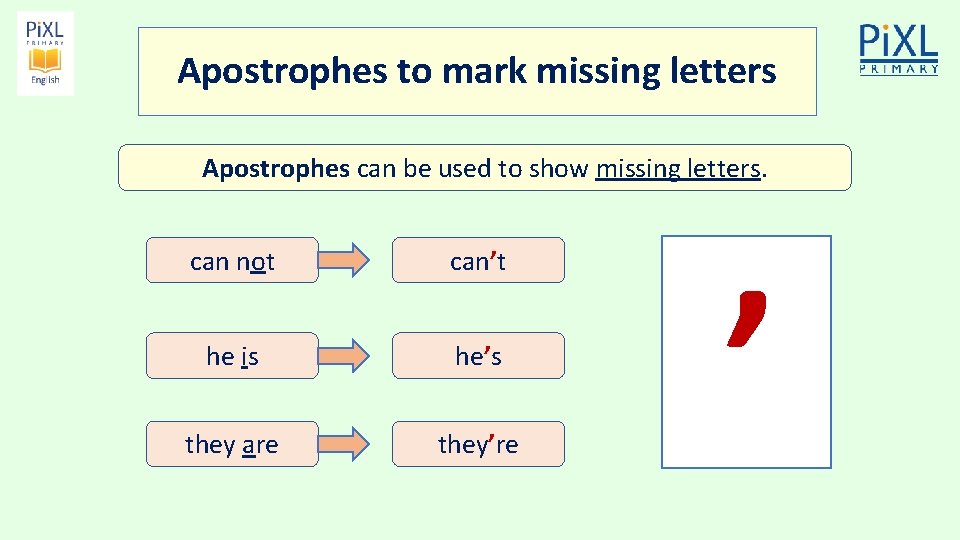 Apostrophes to mark missing letters Apostrophes can be used to show missing letters. can