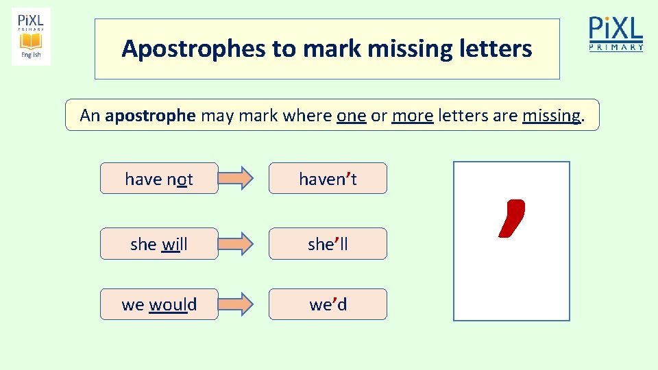 Apostrophes to mark missing letters An apostrophe may mark where one or more letters