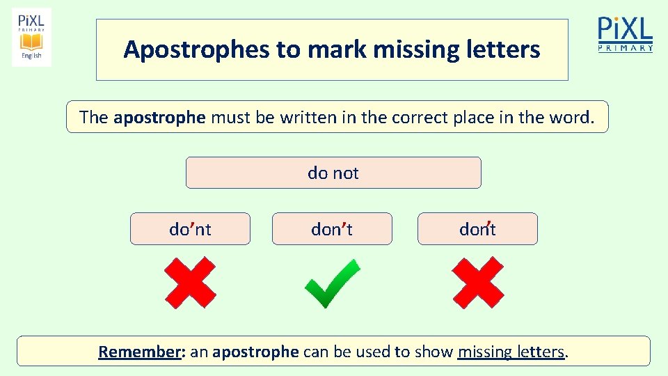 Apostrophes to mark missing letters The apostrophe must be written in the correct place