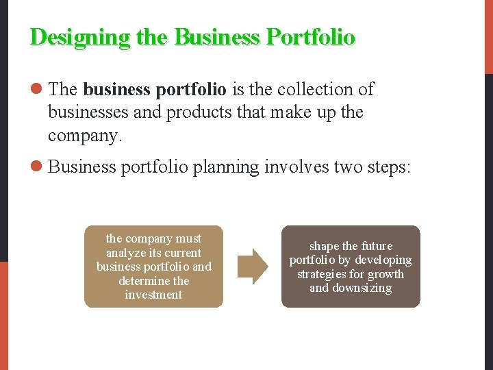 Designing the Business Portfolio l The business portfolio is the collection of businesses and