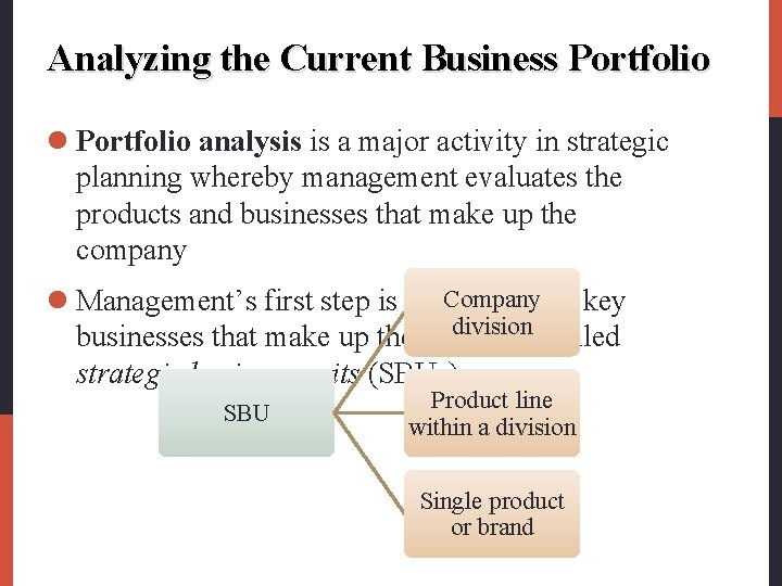 Analyzing the Current Business Portfolio l Portfolio analysis is a major activity in strategic