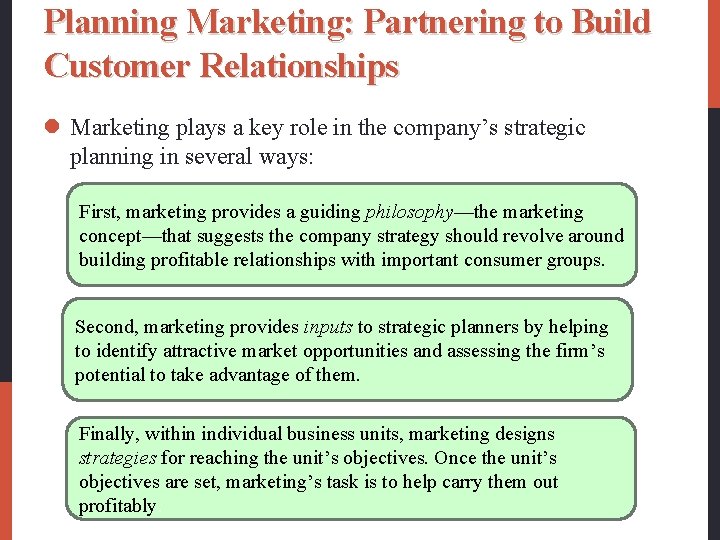 Planning Marketing: Partnering to Build Customer Relationships l Marketing plays a key role in