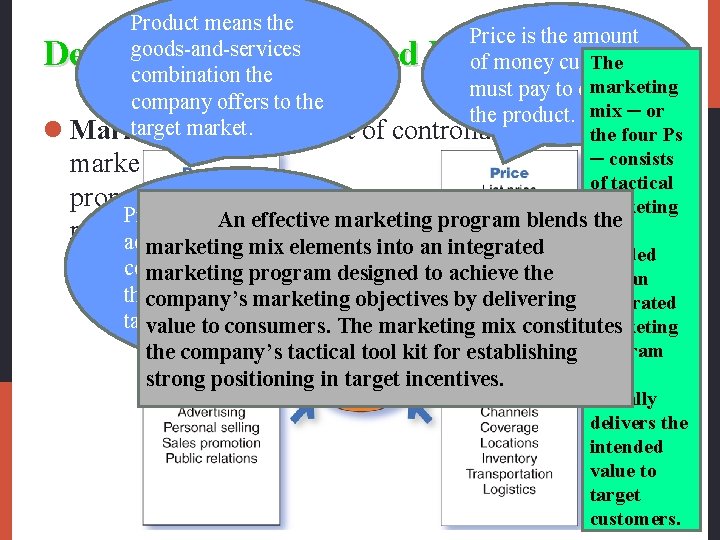 Product means the goods-and-services combination the company offers to the target market. l Marketing