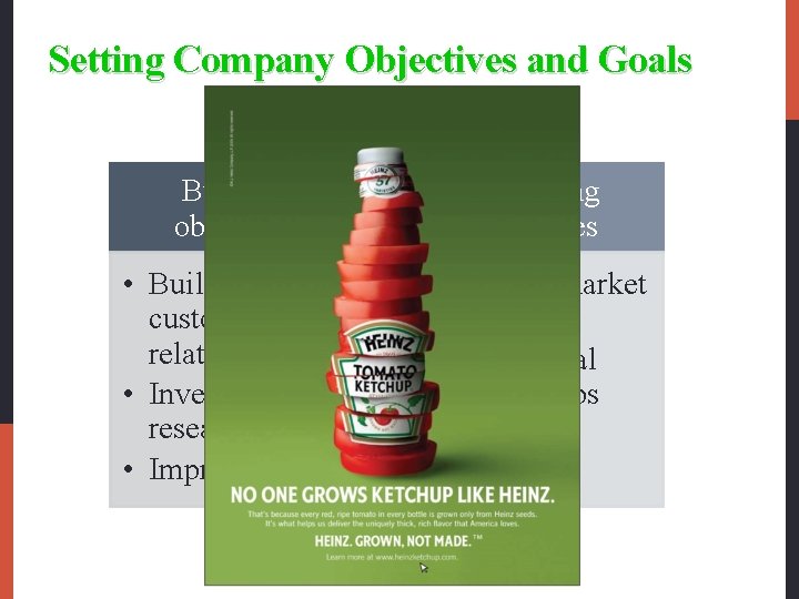 Setting Company Objectives and Goals Business objectives Marketing objectives • Build profitable customer relationships