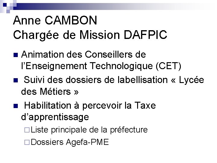 Anne CAMBON Chargée de Mission DAFPIC Animation des Conseillers de l’Enseignement Technologique (CET) n