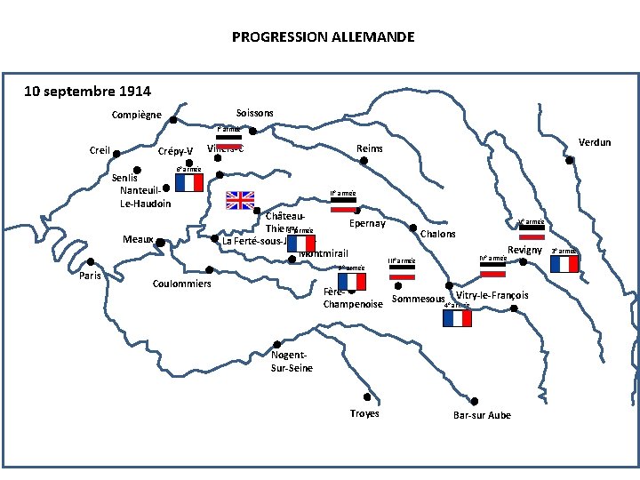 PROGRESSION ALLEMANDE 10 septembre 1914 Soissons Compiègne I° armée Creil Crépy-V Senlis Nanteuil. Le-Haudoin