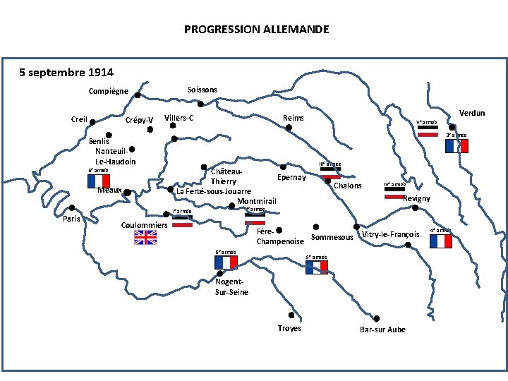 PROGRESSION ALLEMANDE 5 septembre 1914 Soissons Compiègne Creil Crépy-V Senlis Nanteuil. Le-Haudoin 6° armée