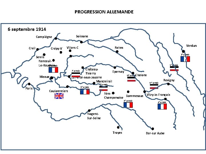 PROGRESSION ALLEMANDE 6 septembre 1914 Soissons Compiègne Creil Crépy-V Senlis Nanteuil. Le-Haudoin 6° armée