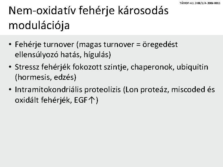 Nem-oxidatív fehérje károsodás modulációja TÁMOP-4. 1. 2 -08/1/A-2009 -0011 • Fehérje turnover (magas turnover