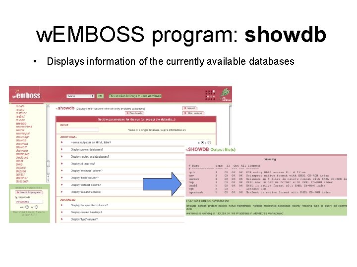 w. EMBOSS program: showdb • Displays information of the currently available databases 