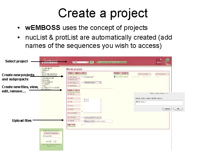 Create a project • w. EMBOSS uses the concept of projects • nuc. List