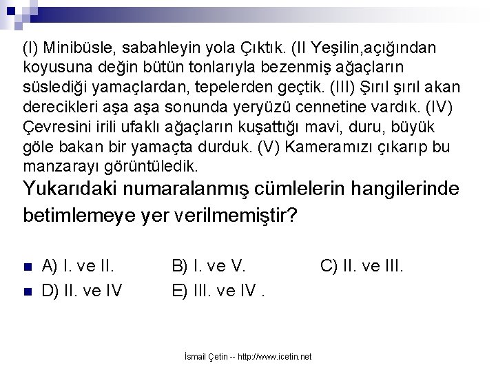 (I) Minibüsle, sabahleyin yola Çıktık. (II Yeşilin, açığından koyusuna değin bütün tonlarıyla bezenmiş ağaçların