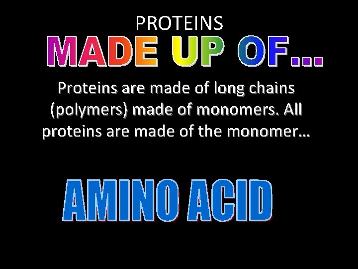 PROTEINS Proteins are made of long chains (polymers) made of monomers. All proteins are PROTEINS Proteins are made of long chains (polymers) made of monomers. All proteins are